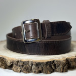 Dark Brown Buffalo Leather Belt with Silver Square Buckle