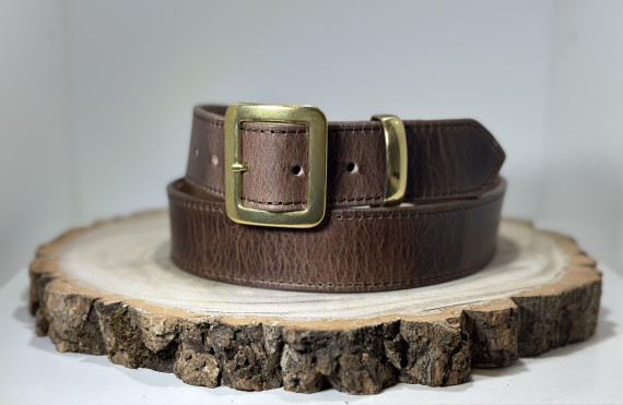 Mid Brown Buffalo Leather Belt with Square Brass Buckle and Keeper