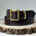Dark brown full grain leather belt with brass buckle and keeper