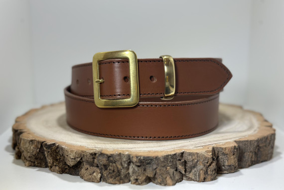 Tan Full Grain Leather Belt with Square Brass Buckle and Keeper