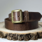 Mid Brown Buffalo Leather Belt with Square Brass Buckle