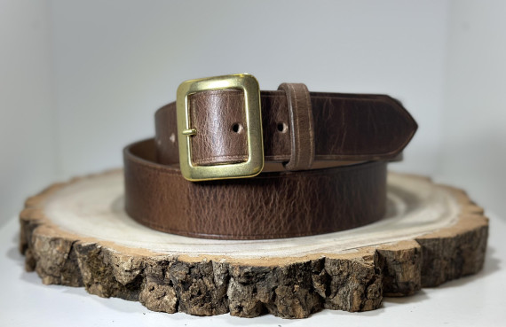 Mid Brown Buffalo Leather Belt with Square Brass Buckle