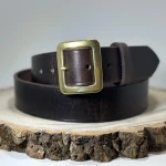 Dark Brown Buffalo Leather Belt with Square Brass Buckle and Keeper