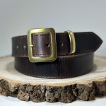 Dark Brown Full Grain Buffalo Leather Belt with Square Brass Buckle and Keeper