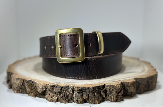 Dark Brown Full Grain Buffalo Leather Belt with Square Brass Buckle and Keeper