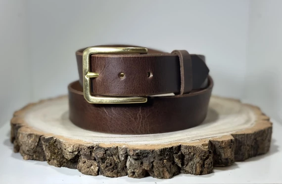 Plain Mid Brown Buffalo Leather Belt with Brass Buckle
